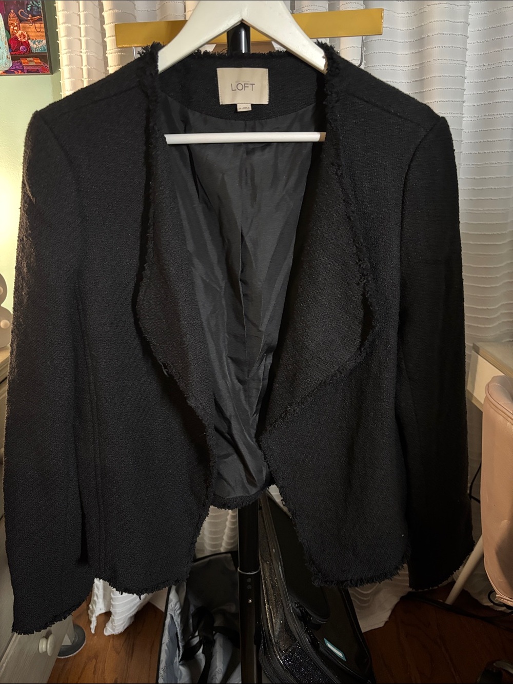LOFT Black Fringed Open-Front Bouclé Blazer Jacket